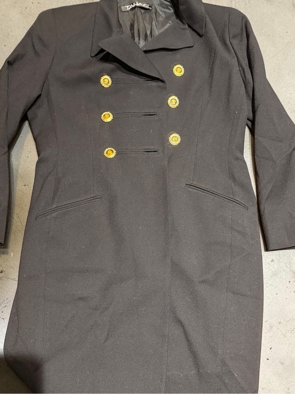 Vintage Tahari Black Double-Breasted Pea Coat with Gold Buttons